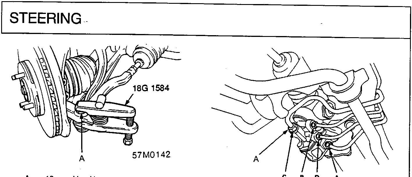 Diagram showing tie-rod ball joint removal and valve body unit with callout labels A, C, B, D