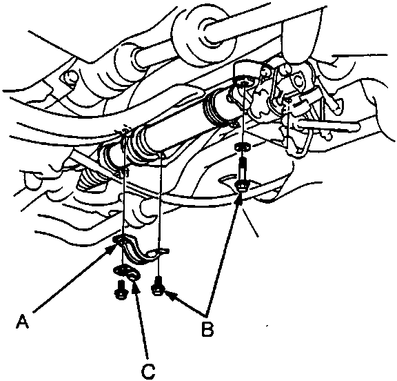 Diagram of steering gearbox mounting area with callout labels A, B, C.