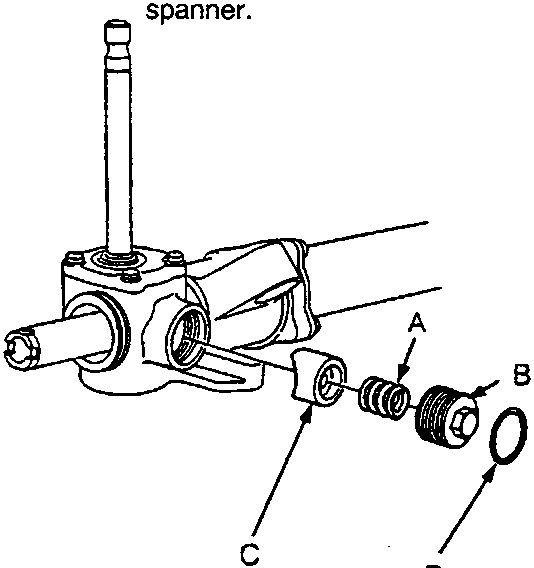 Diagram of tie-rod end removal showing spring, screw, guide, O-ring, and locknut with labels A through E