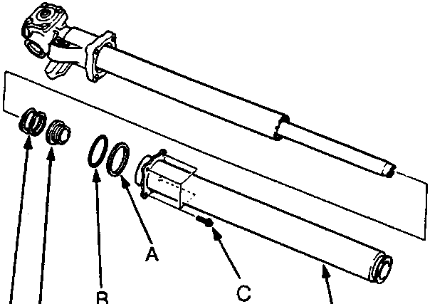 Exploded diagram of cylinder housing components including bolts, rings, bushings, housing and spring with callouts A through F