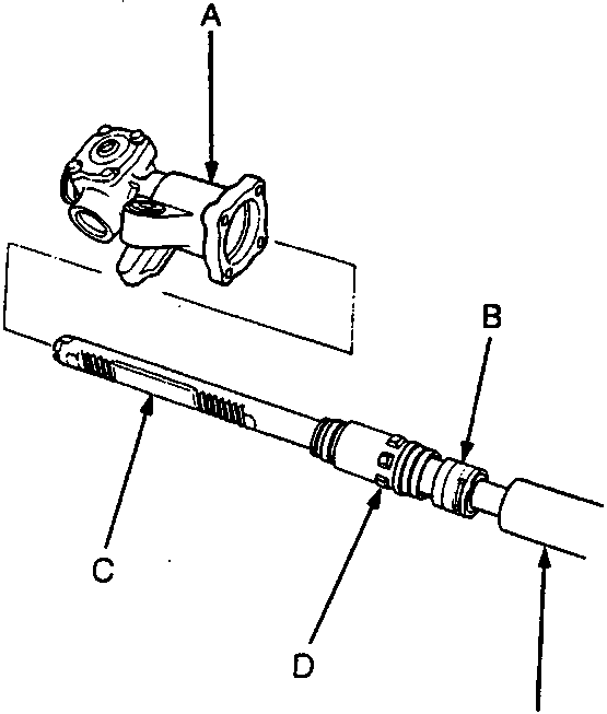 Diagram showing gear housing, seal retainer, steering rack, cylinder cap and cylinder with callouts A through E