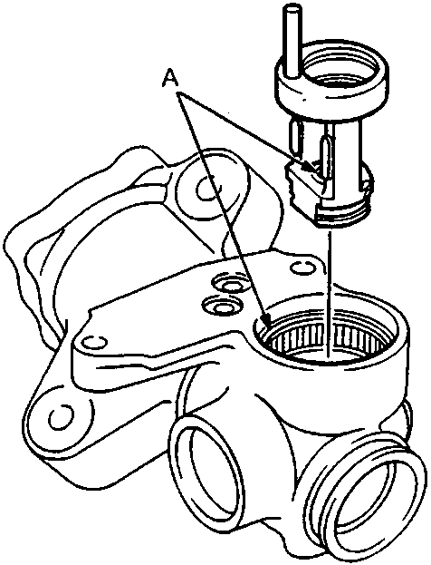 Diagram showing a pinion holder and gear housing with a tool removing a needle roller bearing, labeled A.