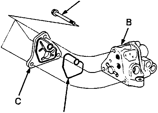 Diagram showing valve body assembly with labels A, B, C, and D pointing to bolts, body, cap, and seal respectively.