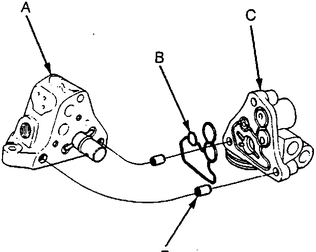 Exploded diagram of the valve body, port seal, port housing, and dowel pin assembly with callouts A, B, C, D
