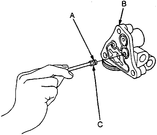 Diagram showing a hand using a tool to remove an O-ring from a port housing, labeled A, B, and C