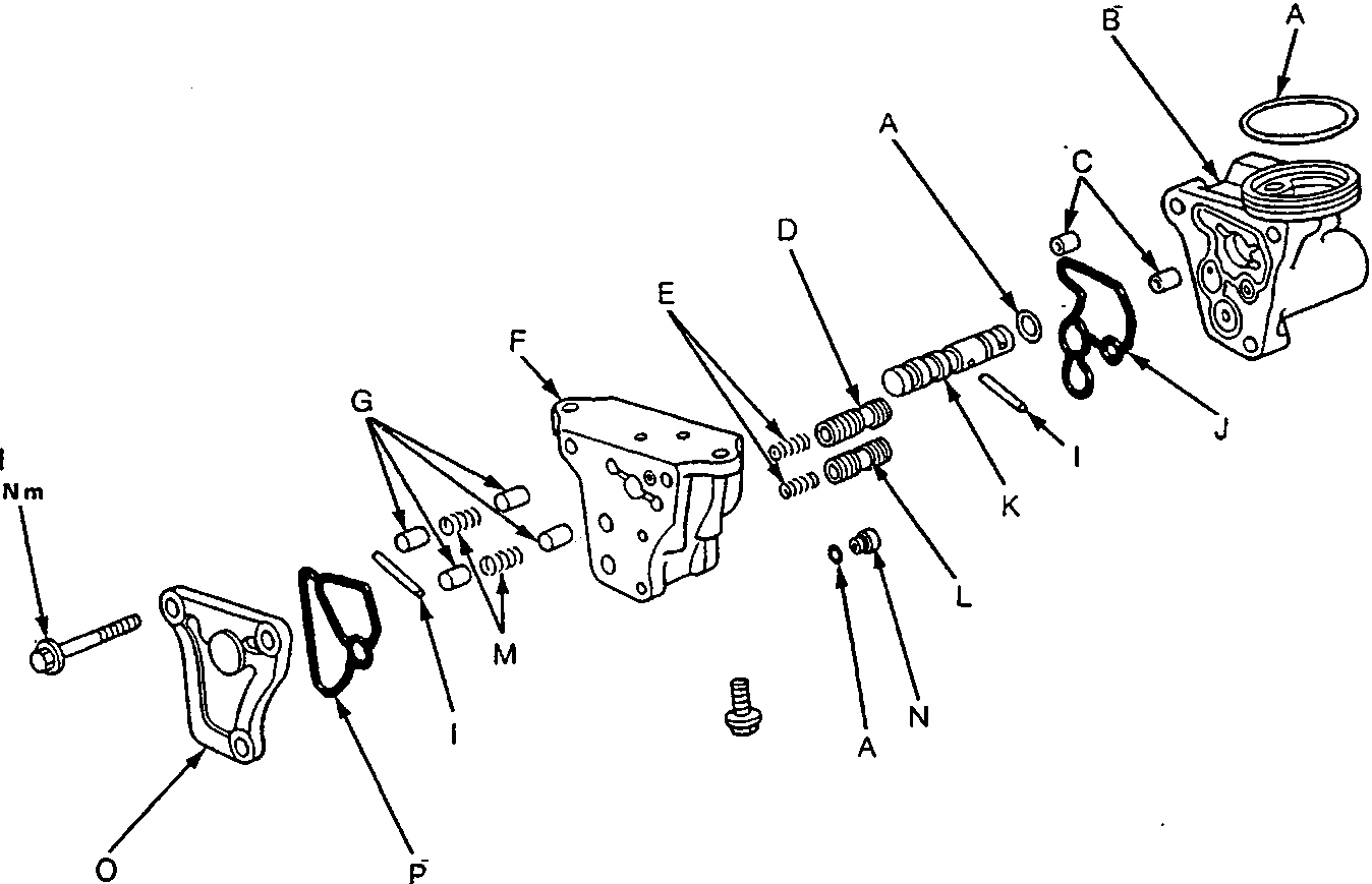 Exploded view diagram of the steering valve body assembly showing components labeled A through P, including O-rings, valves, springs, and bolts. Torque value 9 Nm is indicated near bolt H.
