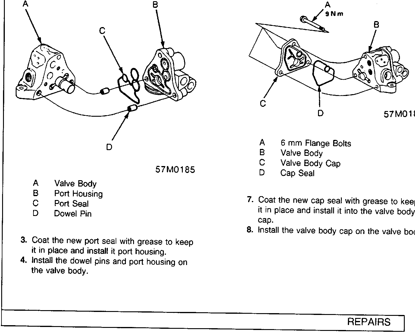 Diagram showing the port housing assembly (left) with labels A-D, and the valve body cap installation (right) with labels A-D including a torque callout of 9 Nm for flange bolts. Figure number 57M0185 is printed below the left drawing and 57M0187 below the right drawing.