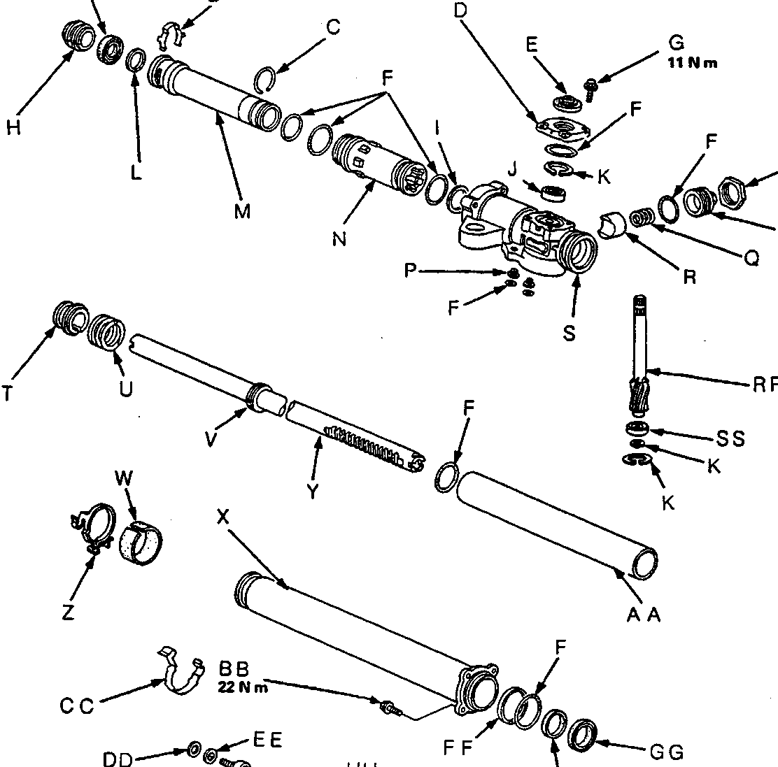 Exploded view diagram of the steering column and rack assembly showing components labeled A through PP, including torque values for specific fasteners.