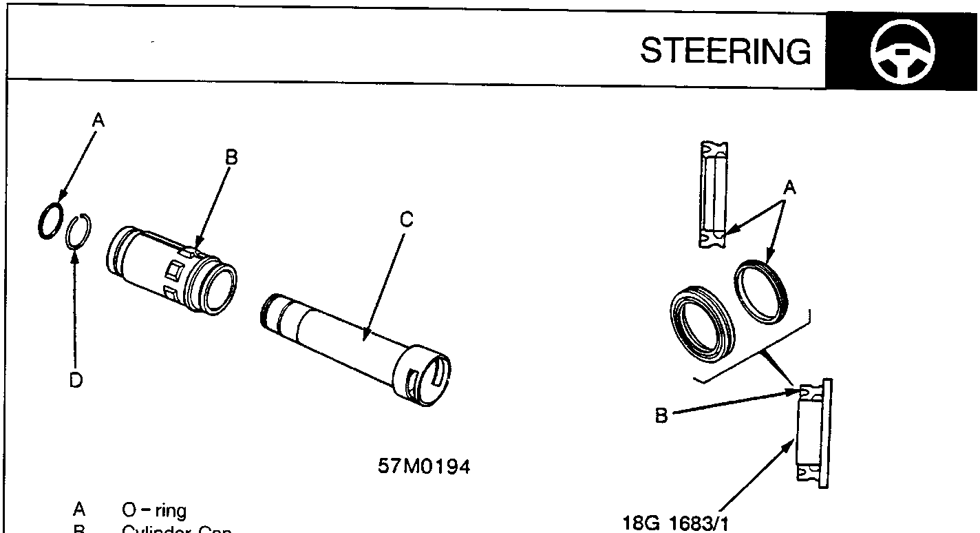 Exploded view of steering cylinder components including O-ring, cylinder cap, seal retainer, snap ring, back-up ring, and cylinder end seal.