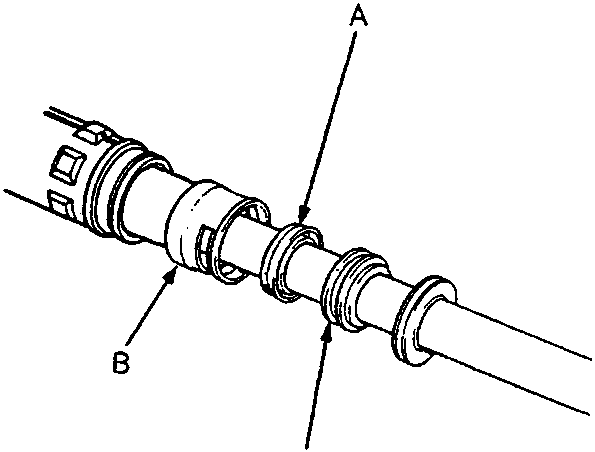 Diagram showing a steering rack assembly with labels A pointing to Cylinder End Seal, B pointing to Seal Retainer, and C pointing to Rack Bushing B