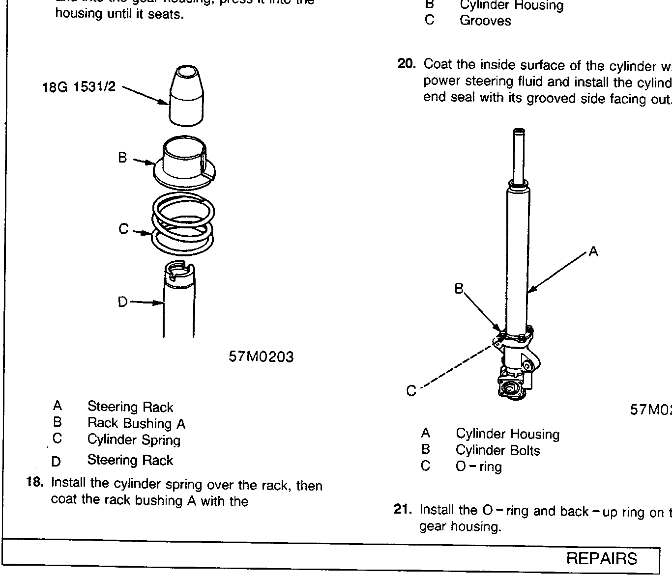 Exploded diagram of cylinder spring and rack bushing assembly with tool 18G 1531/2 and labels A, B, C, D (57M0203)