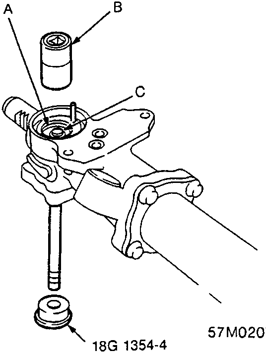 Diagram showing a Pinion Holder (A), Socket (B), and Steering Pinion (C) being assembled using tool 18G 1354-4.