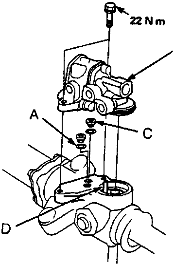 Diagram of valve body unit installation showing pinion holder pin and torque specification 22 Nm