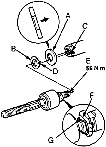 Diagram of rack end assembly showing stopper washer, lock washer, and rack end with torque specification 55 Nm