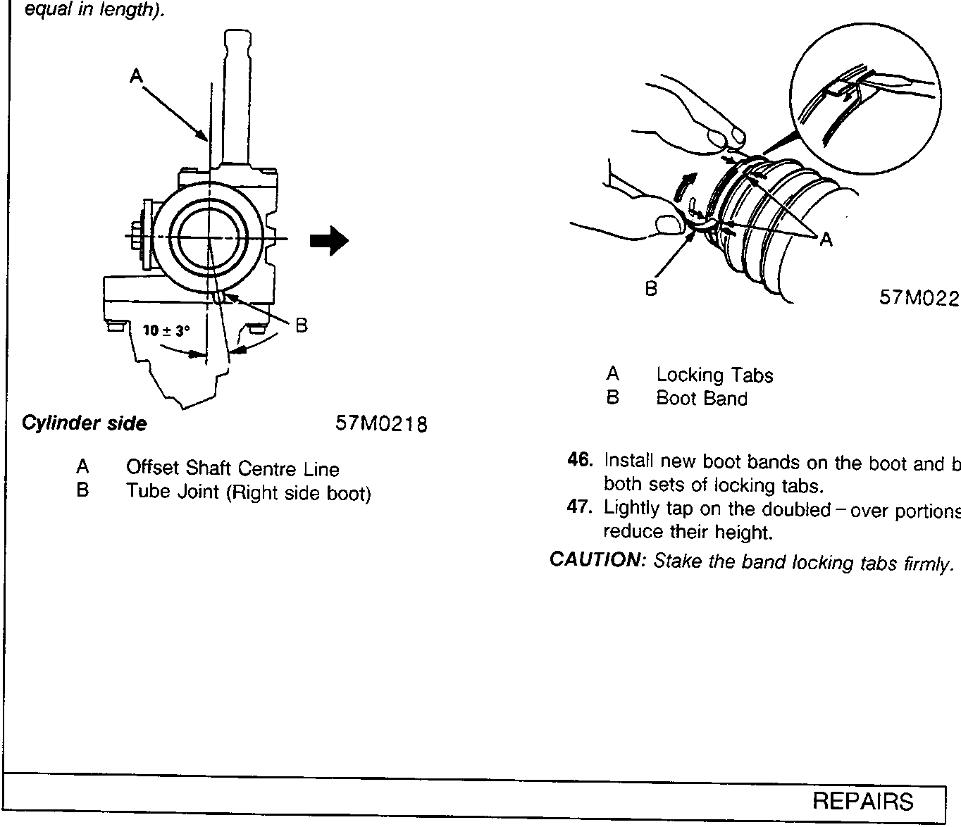 Diagram showing cylinder side alignment angle of 10 ± 3° and boot band installation with locking tabs and boot band labels