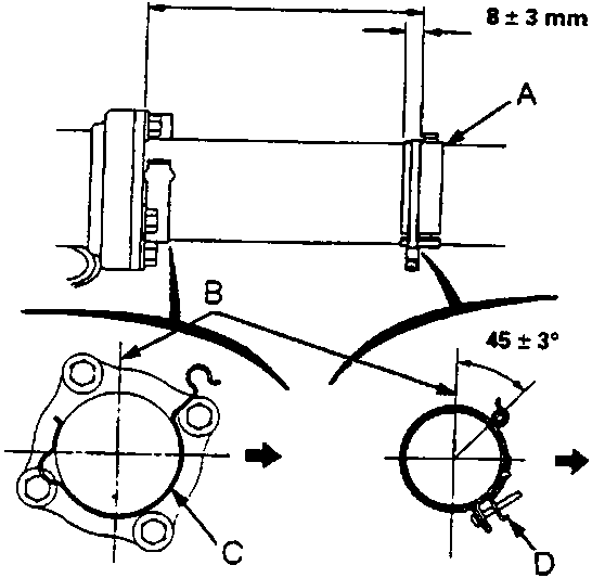 Diagram showing band rubber, offset shaft centre line, transfer hose clip and transfer hose band with dimensions 160 ± 5 mm, 8 ± 3 mm, and angle 45 ± 3°