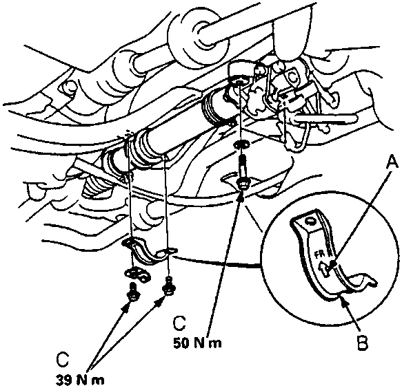 Holder installation with arrow mark A, holder B, bolts C torqued to 39 Nm and 50 Nm