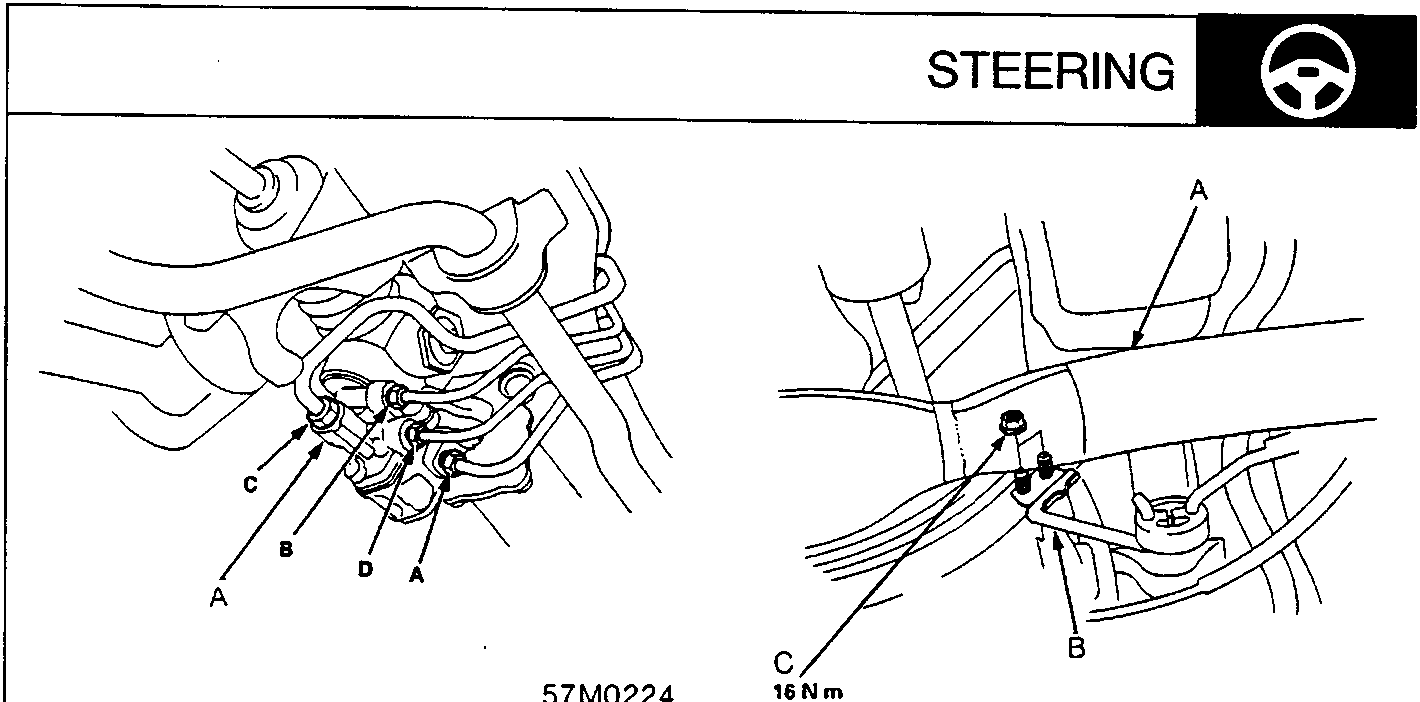Diagram showing steering valve body unit connections and exhaust pipe bracket mounting points with callout labels A, B, C, D.