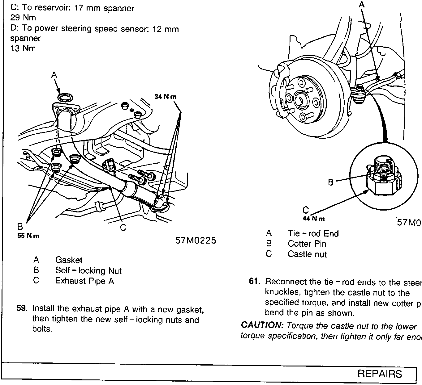 Diagram showing installation of exhaust pipe A with gasket and self-locking nuts on suspension component.