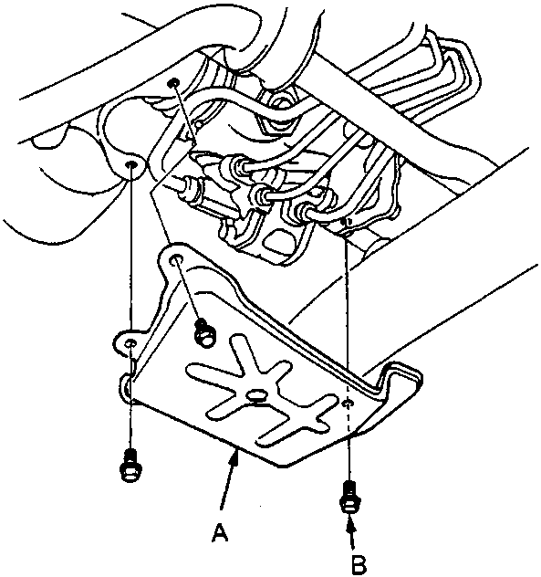 Diagram of gearbox shield and bolts under vehicle chassis