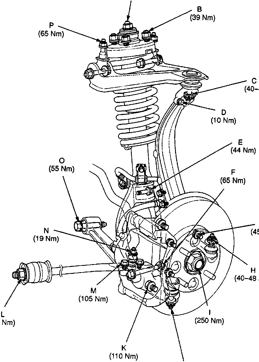 Diagram of front suspension assembly showing various fasteners and components with torque values labeled A through P.