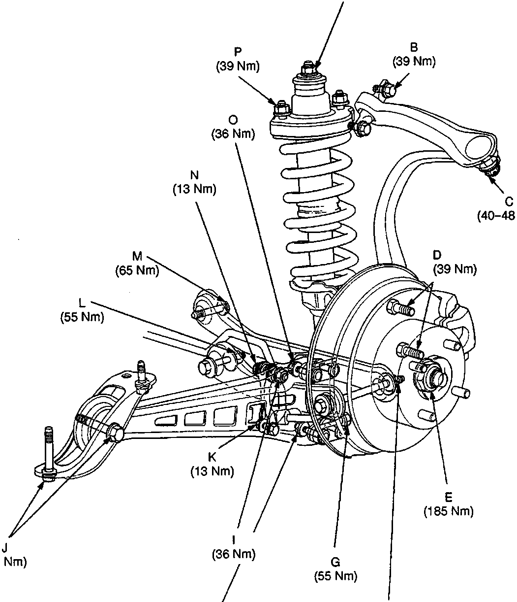 Diagram of front suspension assembly showing various fasteners and their specified torque values in Nm. Labels include A (30 Nm), B (39 Nm), C (40–48 Nm), D (39 Nm), E (185 Nm), F (65 Nm), G (55 Nm), H (36 Nm), I (36 Nm), J (65 Nm), K (13 Nm), L (55 Nm), M (65 Nm), N (13 Nm), O (36 Nm), P (39 Nm). Figure code 60M 0102 is printed at bottom right.