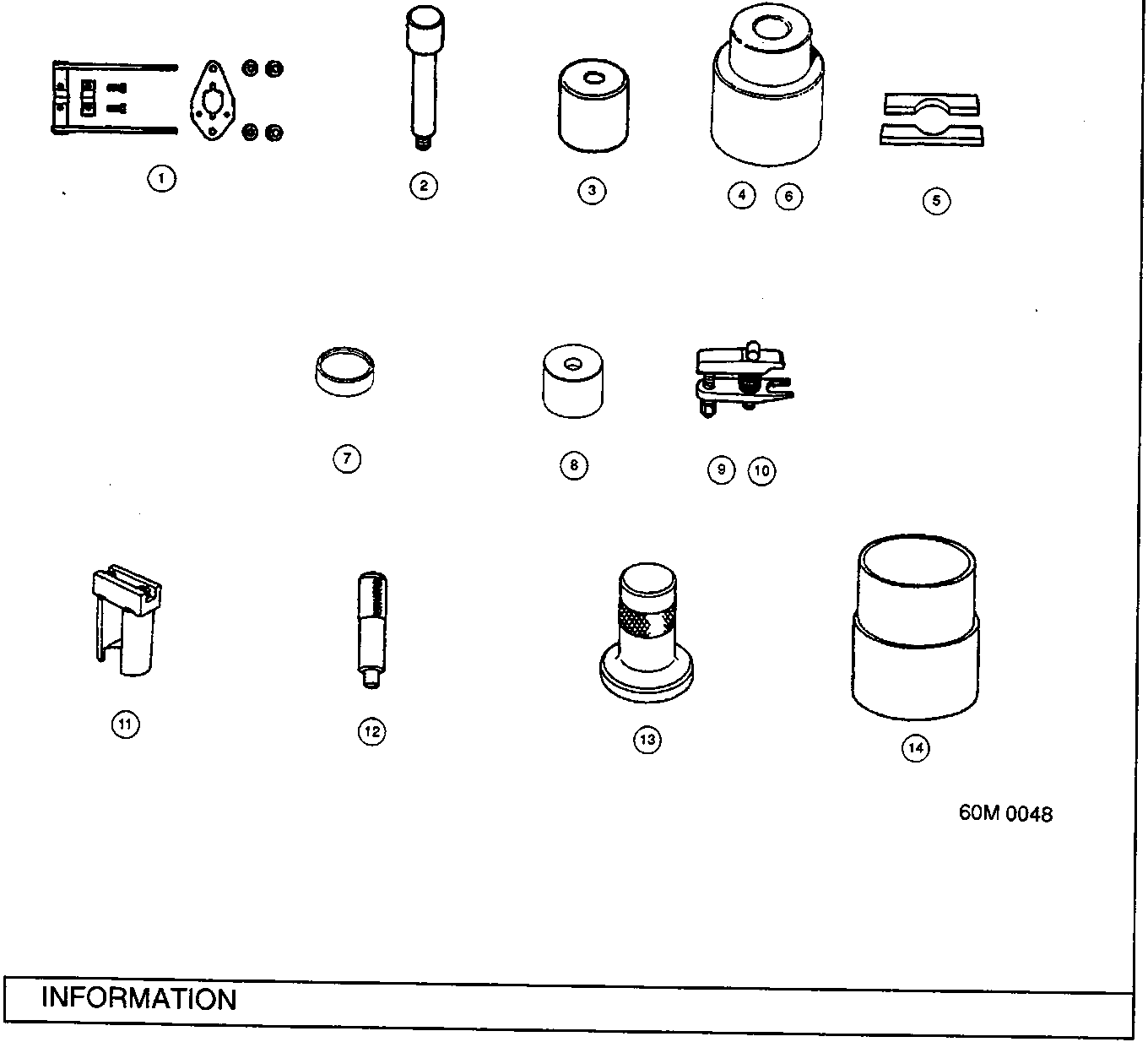 Illustration of fourteen special suspension tools numbered 1 through 14, including spring compressors, hub assembly tools, ball joint removers, installers, bushing drivers, oil seal drivers, and support bases.