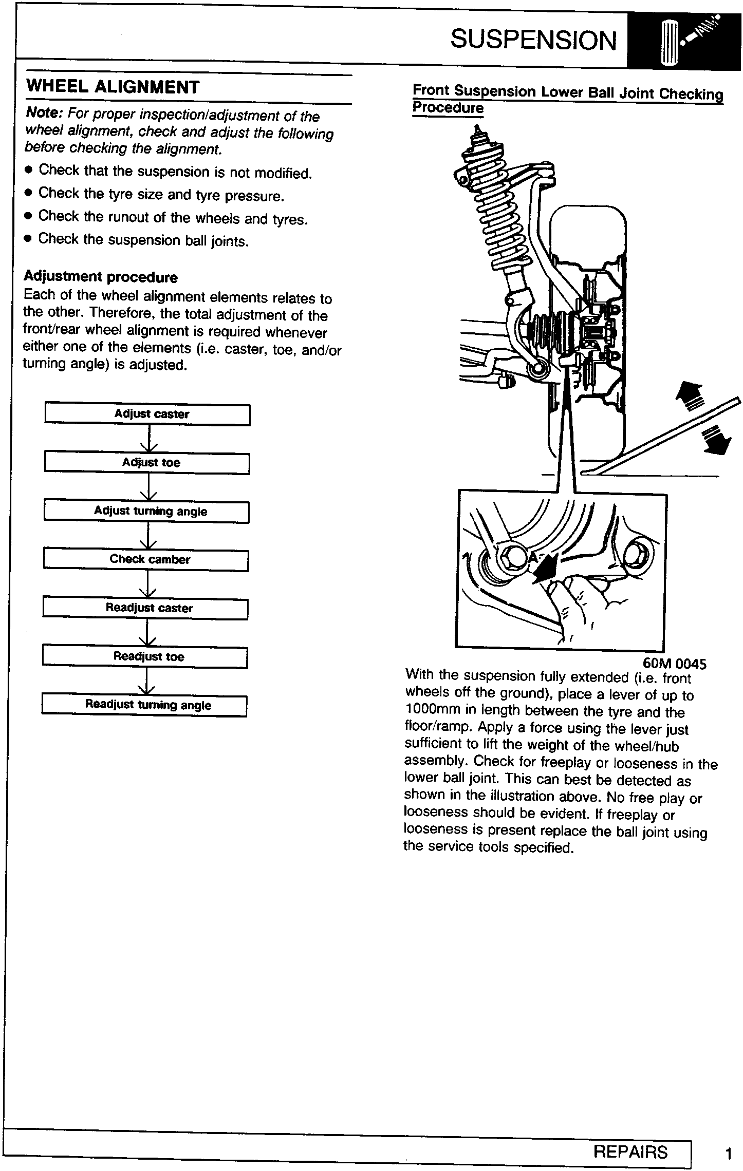 Diagram showing a lever being used to check for freeplay in the lower ball joint of a front suspension assembly.