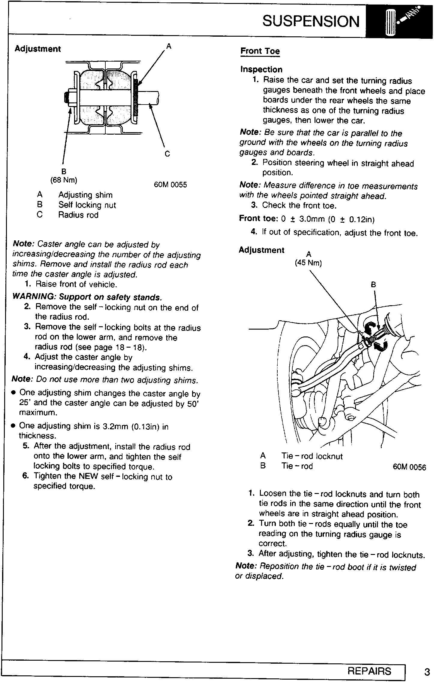 Diagram of radius rod adjusting shim, self locking nut, and radius rod assembly with labels A, B, C