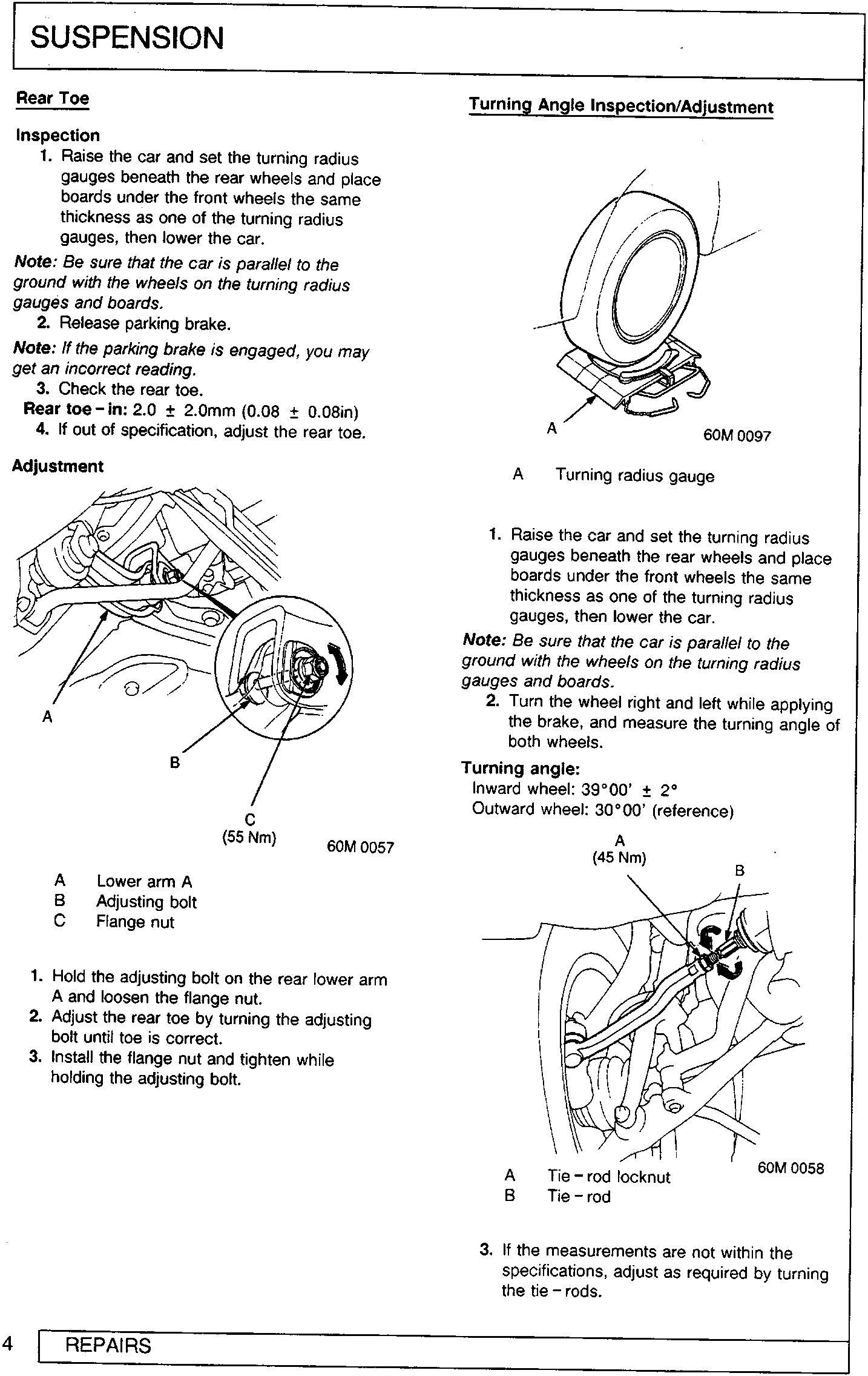 Diagram showing rear suspension lower arm, adjusting bolt, and flange nut with a torque value of 55 Nm indicated at the flange nut location.