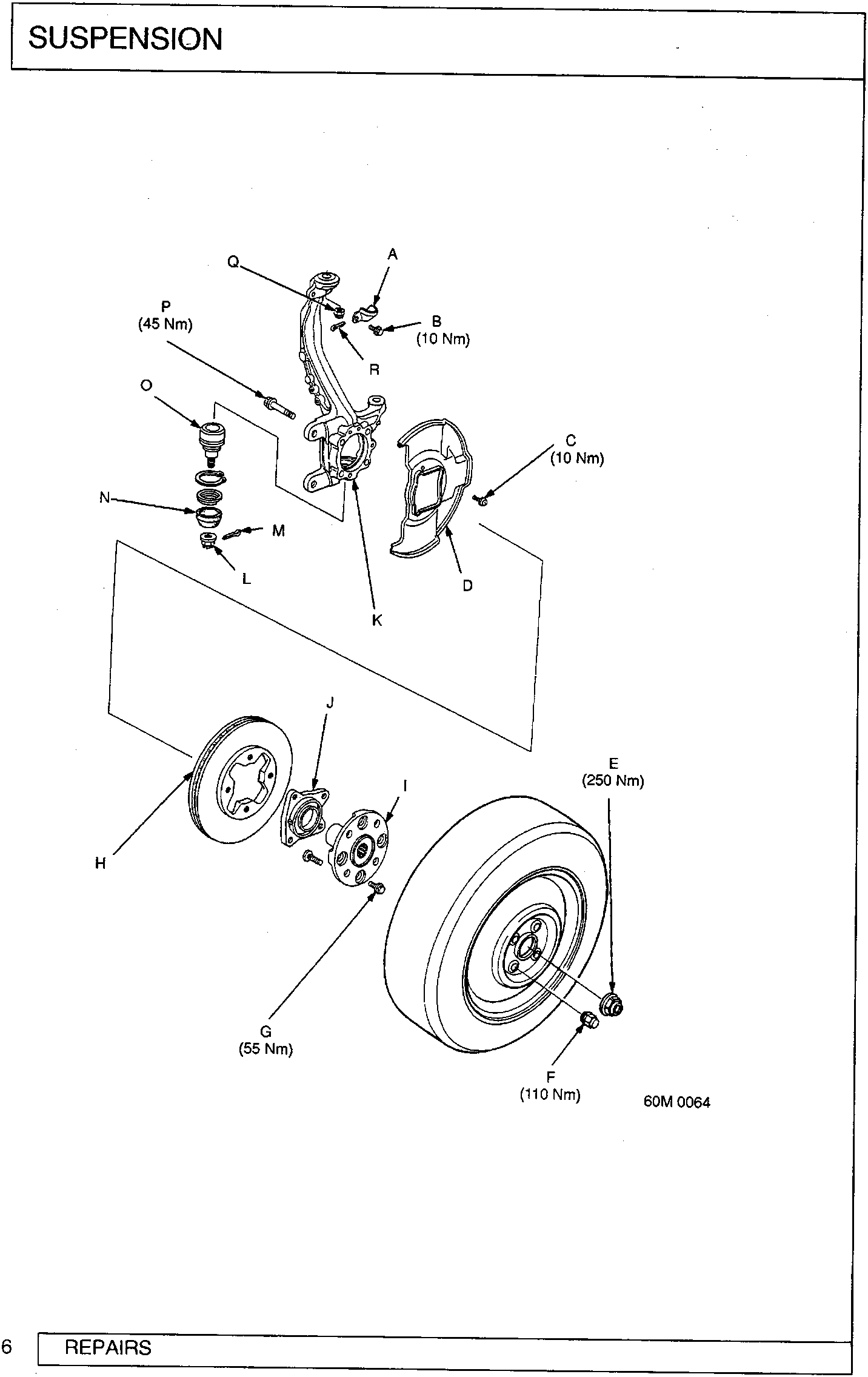 Exploded view diagram of the front suspension assembly showing components labeled A through R with torque specifications for fasteners E (250 Nm), F (110 Nm), G (55 Nm), P (45 Nm), and B, C (10 Nm each).