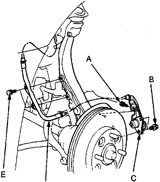 Diagram showing 6 mm bolt, sensor mounting bolts, wheel sensor, wheel sensor wire bracket and 6 mm bolts