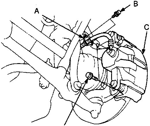 Diagram showing brake hose bracket, brake hose mounting bolt, caliper and caliper bracket mounting bolt
