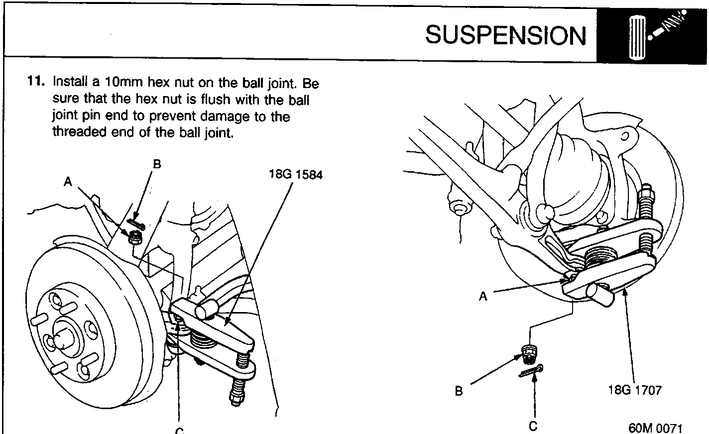 Diagram showing ball joint removal and installation procedures with callouts A, B, C and figure numbers 18G 1584, 60M 0069, 18G 1707, 60M 0071