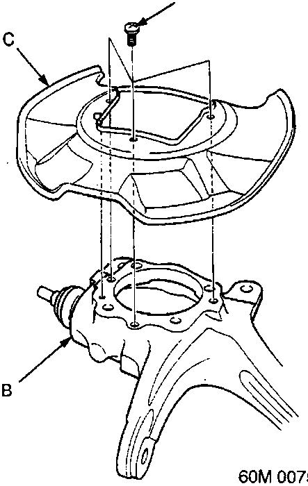 Diagram showing screws (A), knuckle (B), and splash guard (C) being separated