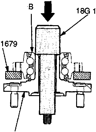 Diagram showing wheel bearing separation using special tools 18G 1679 and 18G 1680 on front hub