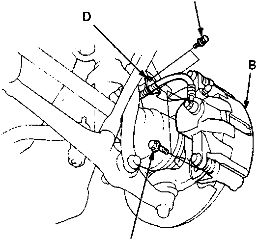Diagram of brake caliper and hose bracket assembly with torque values (10 Nm, 110 Nm) and labels A, B, C, D.