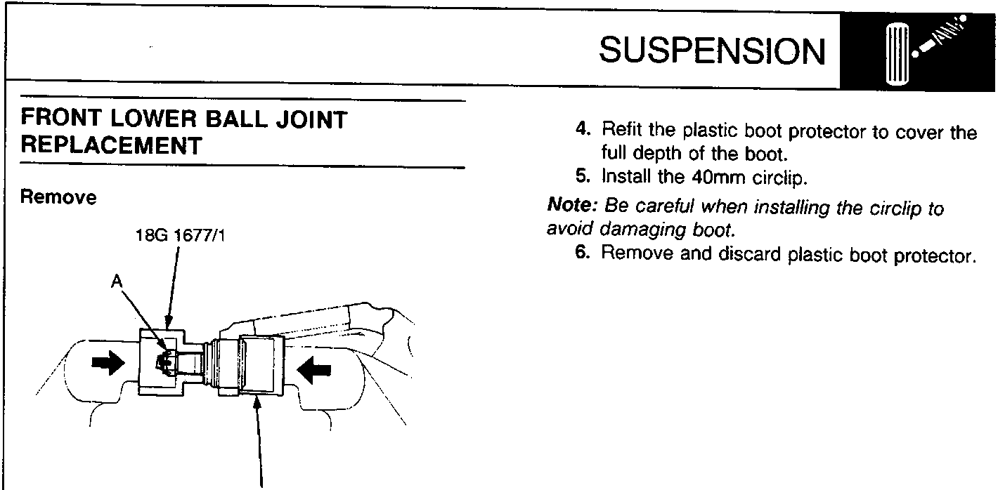 Diagram showing special tool 18G 1677/1 tightening ball joint nut A on the knuckle assembly.