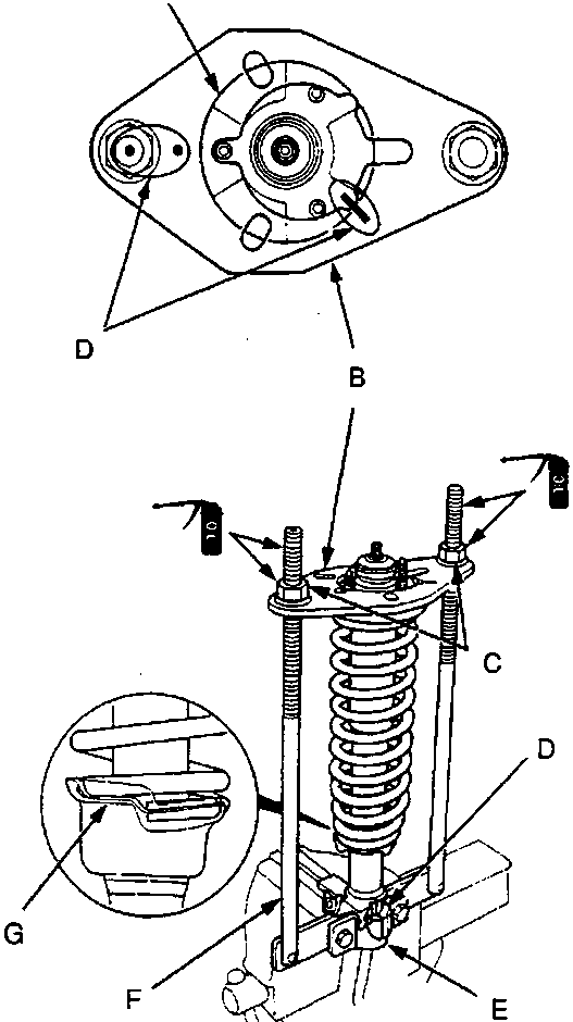 Diagram of front damper reassembly showing mounting base, suspension mount plate, compressor nuts, paint marks, holder, spring compressor, and spring lower seat with callout labels A through G.