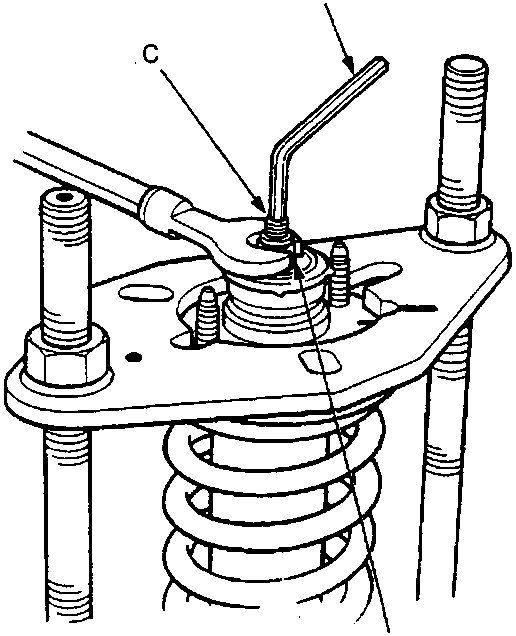 Close-up diagram of damper shaft being held with a hex wrench while tightening a self-locking nut, with callout labels A, B, C and torque value (30 Nm).