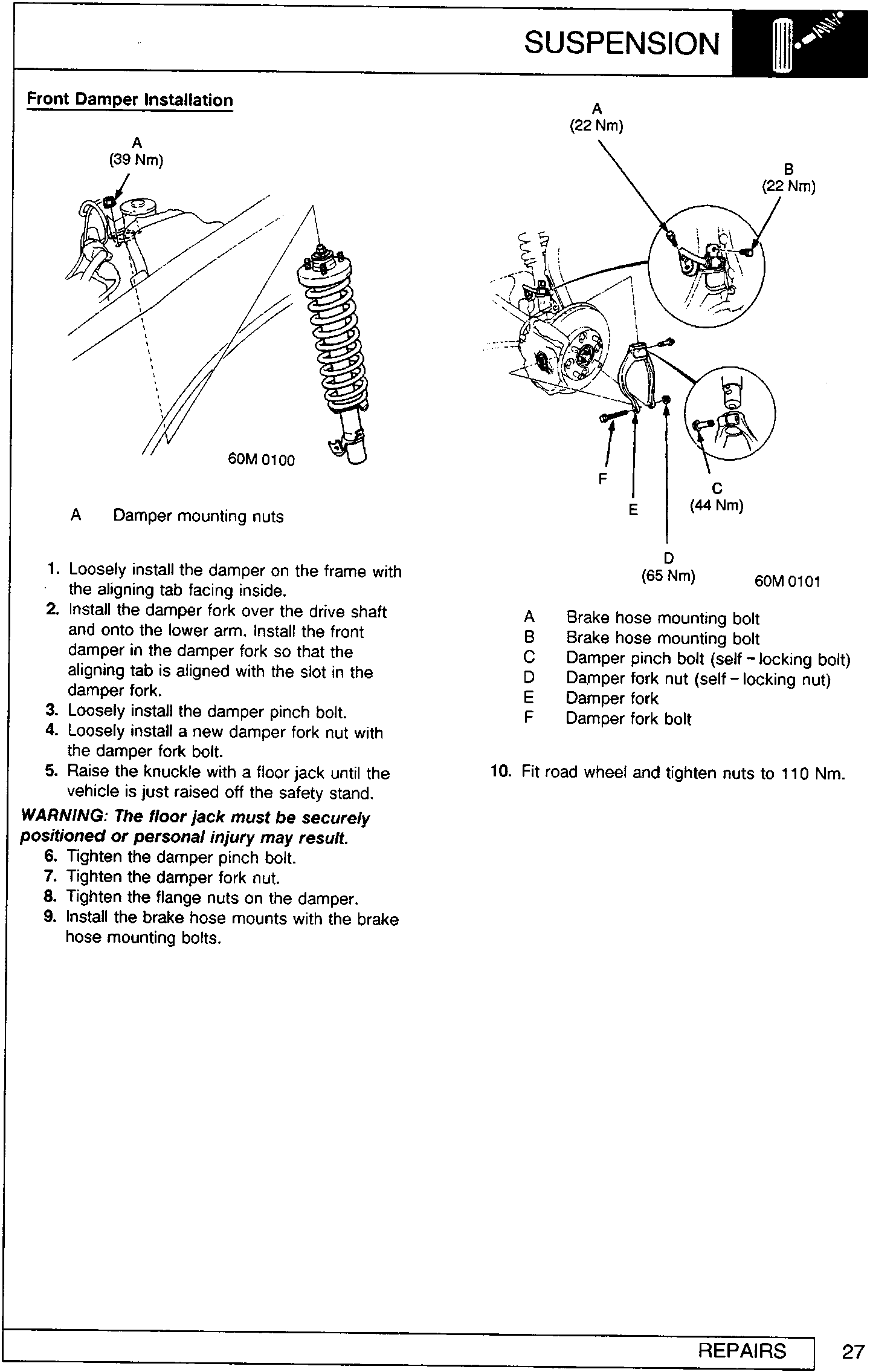 Diagram of front damper assembly showing mounting point A with torque value (39 Nm)