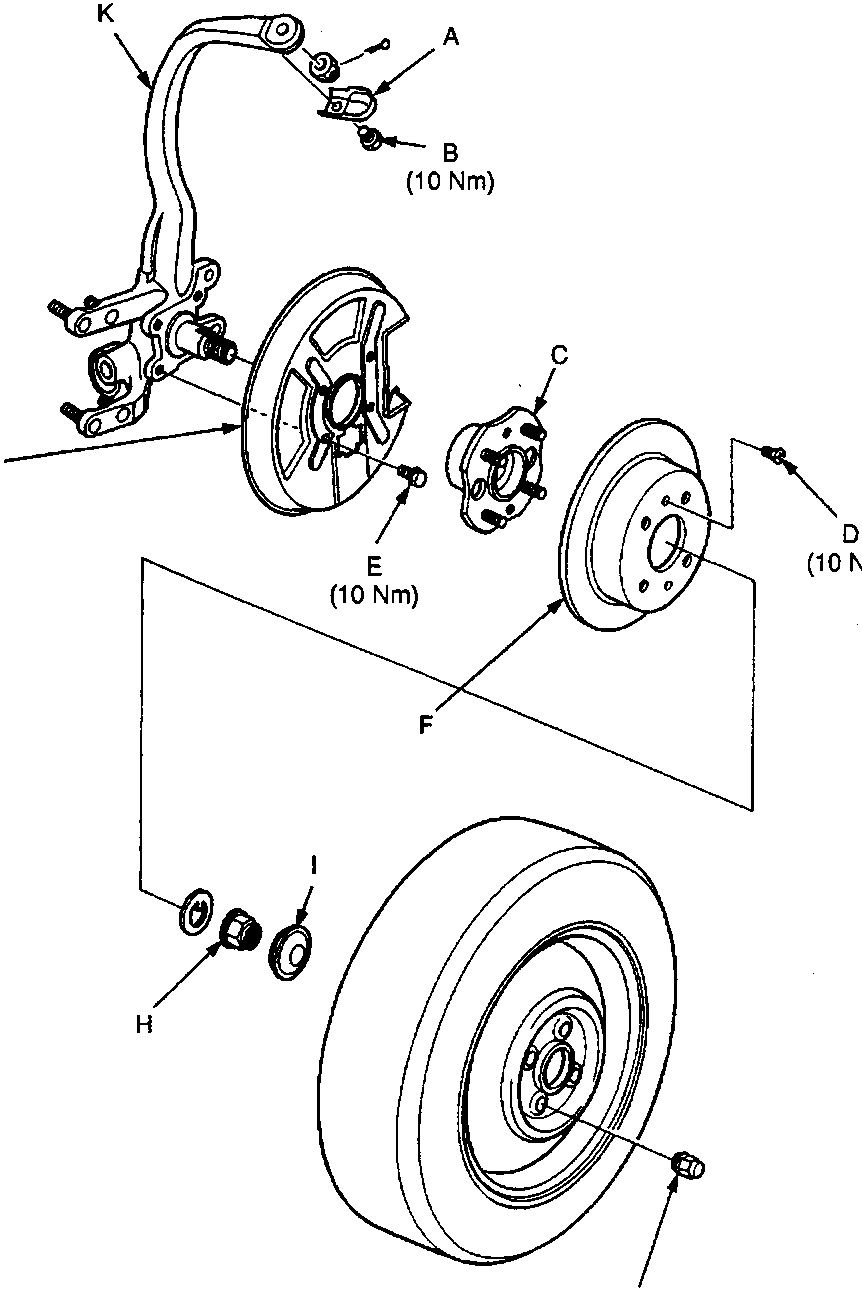 Exploded view diagram of front suspension and brake assembly showing components labeled A through K with torque specifications (10 Nm for A, B, D, E; 110 Nm for G) and figure number 60M 0103.