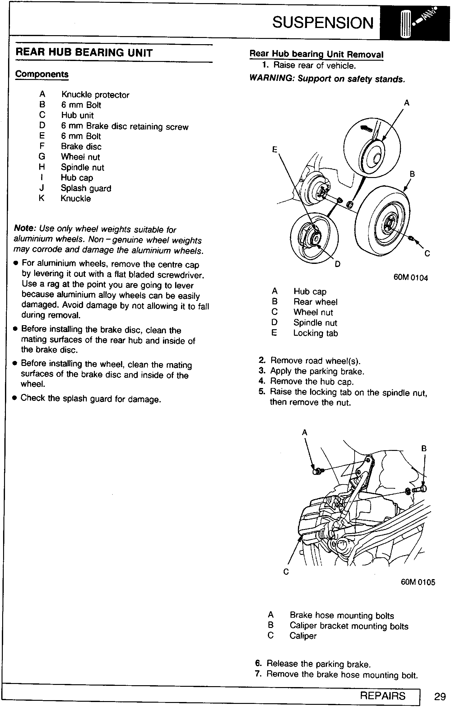 Diagram showing rear wheel assembly with labels A (Hub cap), B (Rear wheel), C (Wheel nut), D (Spindle nut), E (Locking tab)