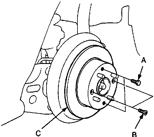 Diagram showing caliper bracket mounting bolts (A), brake disc retaining screws (B), and brake disc (C) with a torque value of 10 Nm indicated.