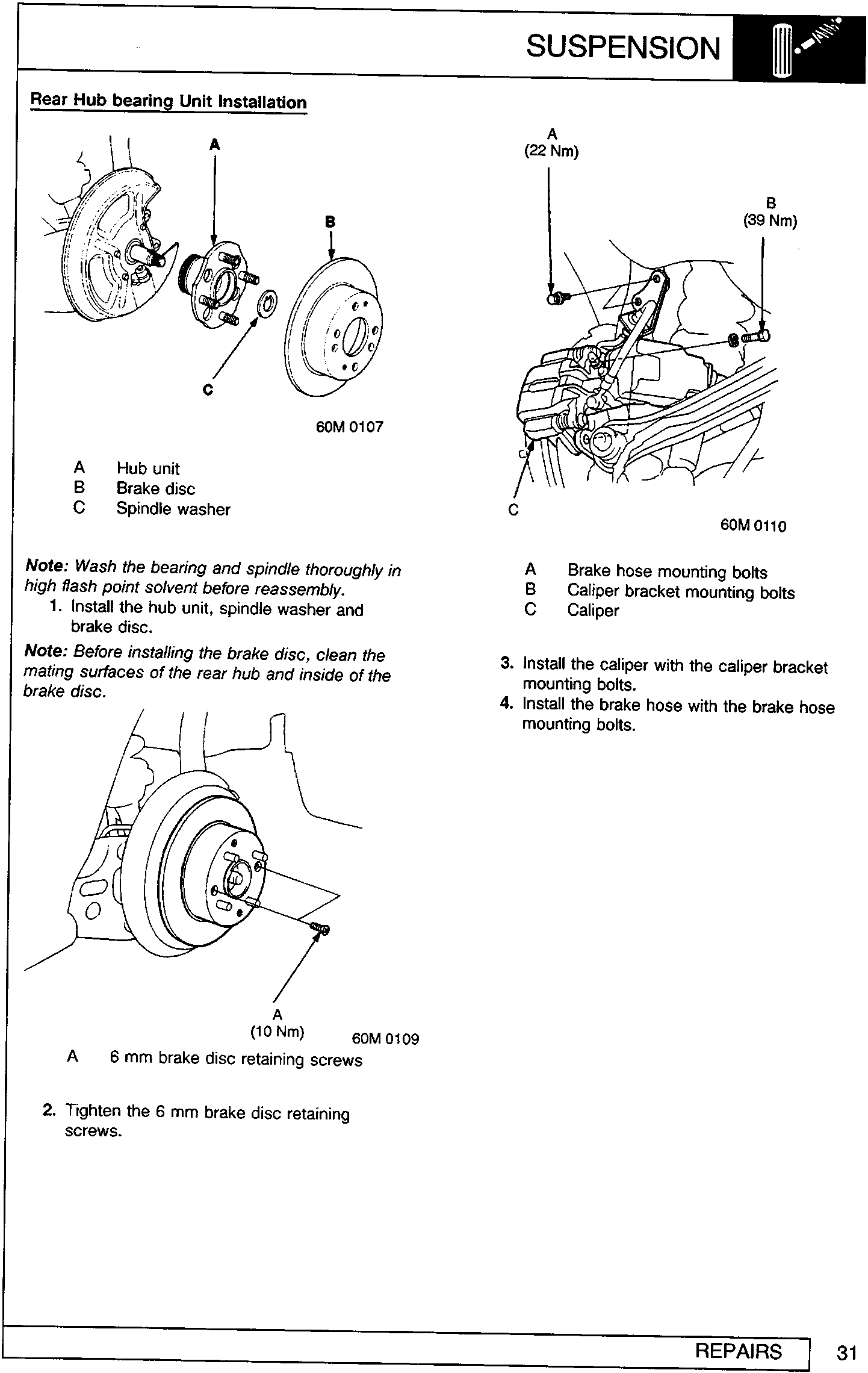 Exploded view of rear hub unit, brake disc, and spindle washer with callouts A, B, C