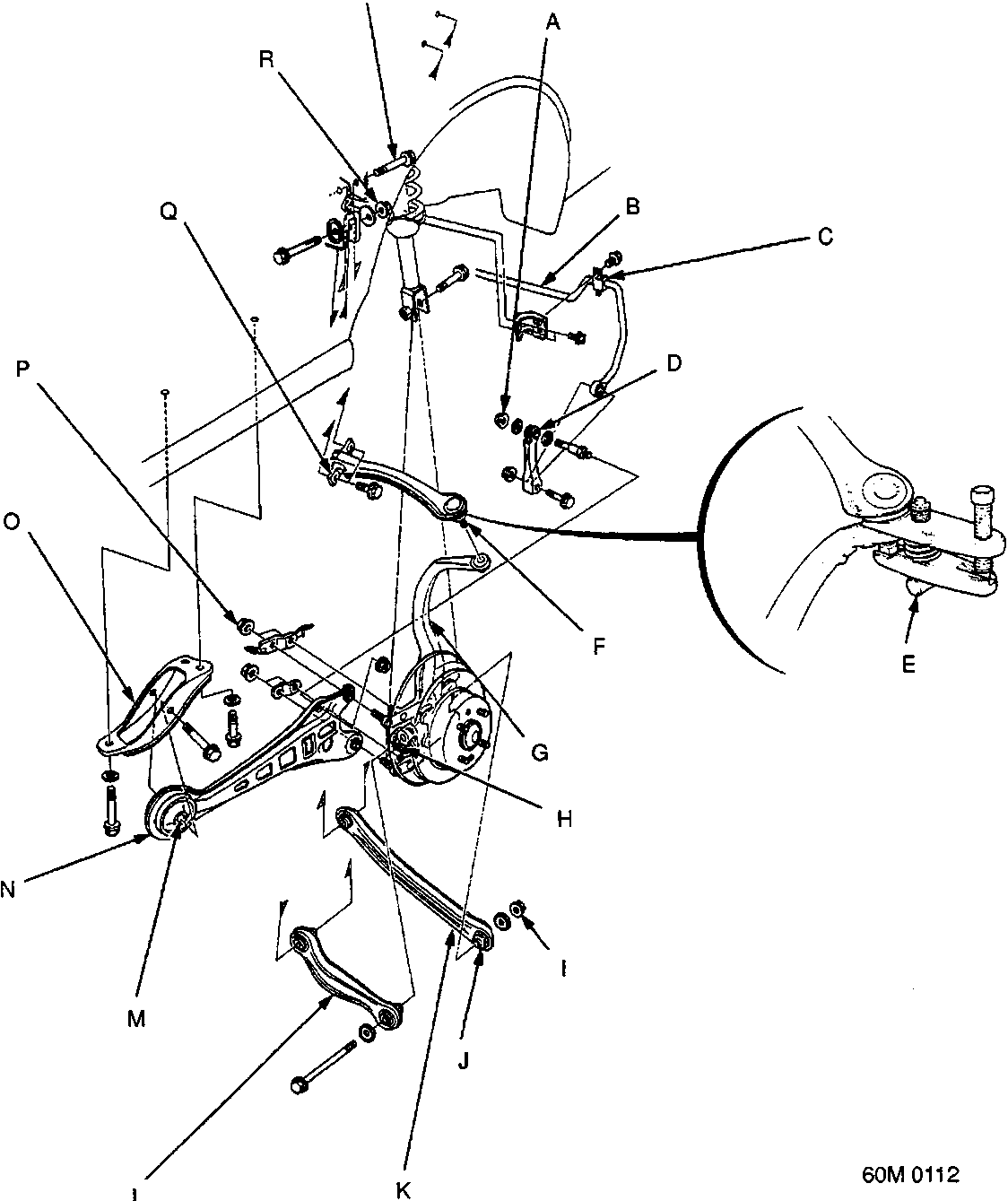 Exploded view diagram of the front suspension assembly showing various components labeled with letters A through S. The diagram includes a steering knuckle, control arms, shock absorber, coil spring, stabilizer bar link, and brake disc assembly. A detail callout on the right shows a close-up of a joint connection. The figure number 60M 0112 is printed in the bottom right corner of the diagram.