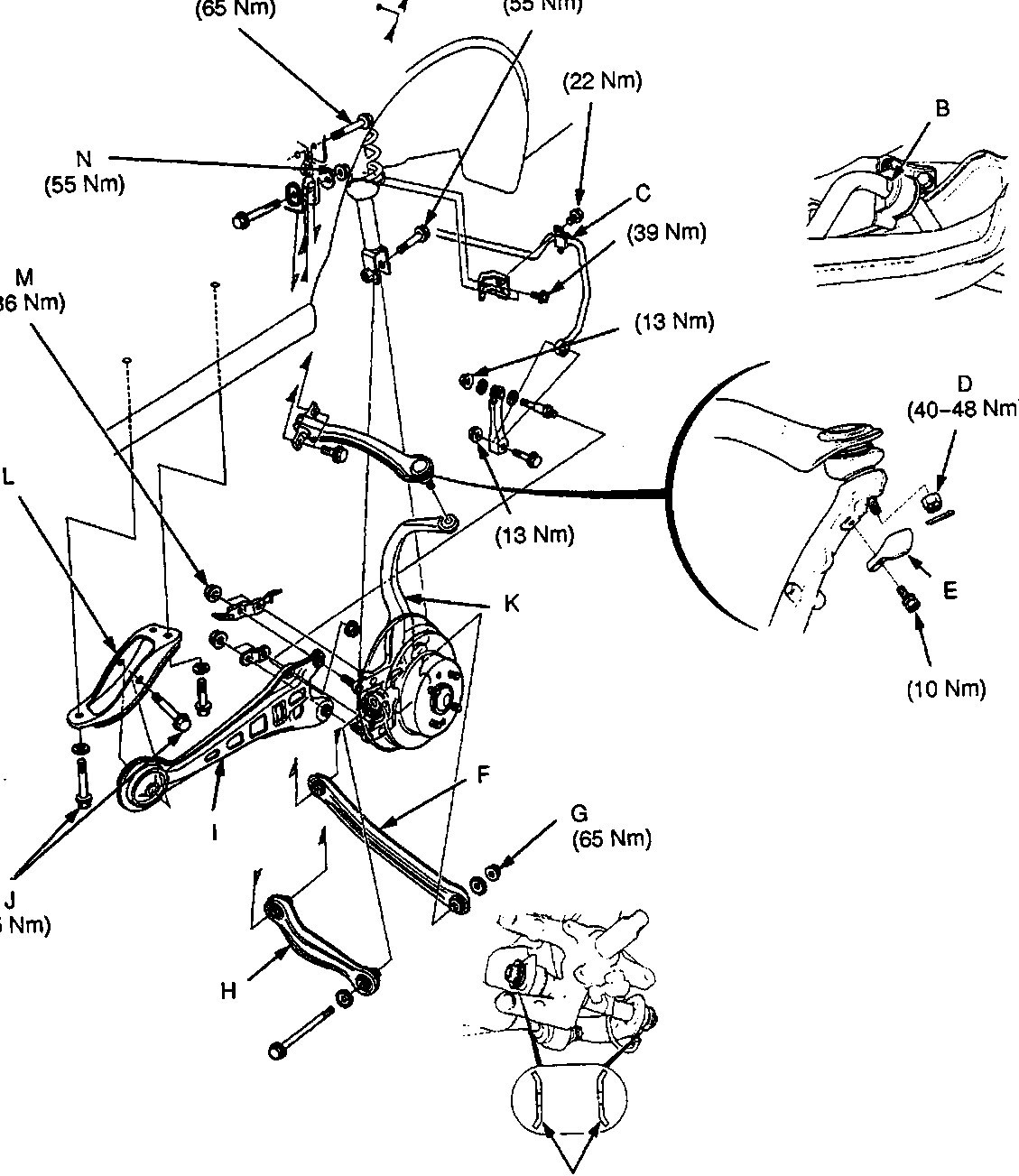 Exploded view diagram of the front suspension assembly showing various components labeled A through O with associated torque values in Newton-meters. The diagram includes a detailed inset view on the right side showing a specific joint connection. The figure number 60M 0113 is printed at the bottom right corner.