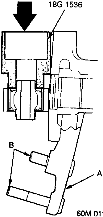 Diagram showing tool 18G 1536 pressing out a bushing from knuckle A, with studs B indicated. Figure number 60M 0114.