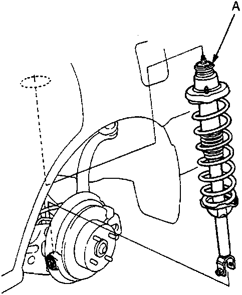 Diagram showing the complete rear damber and spring assembly installed in the vehicle suspension with callout A pointing to the top mount