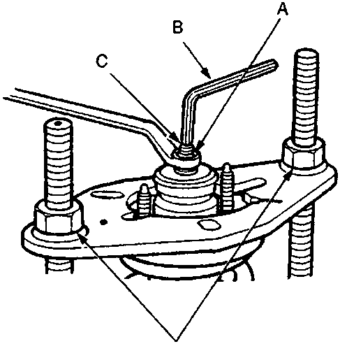 Diagram showing compressor nuts and damper shaft with labels A through D